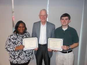 Pictured (from left): Crystal Tinch, scholarship recipient; M. John Heydel, former president and CEO of Self Regional Healthcare; Jacob Lawrence, scholarship recipient.