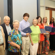 Members of the Mary Ella Ruff Nursing Scholarship committee present certificates to 2014 scholarship recipients: Anna Baughman of Abbeville, Jessica Cameron of Ninety Six, Mirisha Coleman of Abbeville, Kara Lowery of Due West and Adam Taylor of Chapin. Pictured from left are Dr. John Scott, Dr. Travis Stevenson, Georgia Gillion, Adam Taylor, Mary Ella Ruff, Jessica Cameron, Kara Lowery, Mirisha Coleman and Anna Baughman.