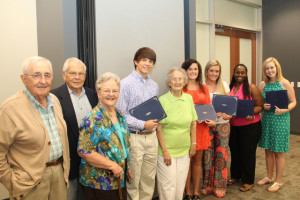 Members of the Mary Ella Ruff Nursing Scholarship committee present certificates to 2014 scholarship recipients: Anna Baughman of Abbeville, Jessica Cameron of Ninety Six, Mirisha Coleman of Abbeville, Kara Lowery of Due West and Adam Taylor of Chapin. Pictured from left are Dr. John Scott, Dr. Travis Stevenson, Georgia Gillion, Adam Taylor, Mary Ella Ruff, Jessica Cameron, Kara Lowery, Mirisha Coleman and Anna Baughman.
