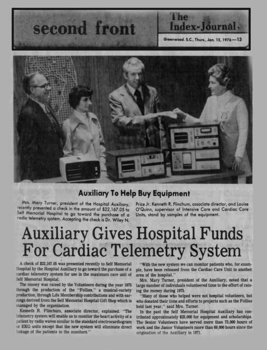 Hospital Auxiliary Gives Funds for Cardiac Telemetry System