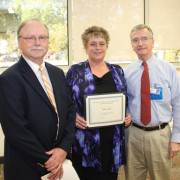 Pictured from left: Ron Deeder, Director of Respiratory Care Services for Self Regional Healthcare, scholarship winner Debra Lyshoj and Dr. O.M. Cobb, Jr., Medical Director for the Respiratory Therapy program and an internist and pulmonologist with Internal Medicine of the Piedmont.