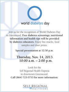 Self Regional is celebrating World Diabetes Day on Thursday, Nov. 14th in downtown Greenwood with a special community outreach initiative.