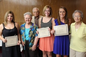 Members of the Mary Ella Ruff Nursing Scholarship committee present certificates to 2013 scholarship recipients, Allie South, Anna Baughman and Mary Simmons. Pictured from left are Ms. South, Georgia Gillion, Travis Stevenson, Ms. Baughman, Ms. Simmons and Mary Ella Ruff. Not present are recipients Brandon Scott and Beth Yarborough.