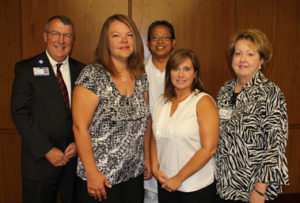 Charlotte Blackwell Nursing Scholarship presentation, from left: Jim Pfeiffer, Self Regional President & CEO; scholarship winner Debra Tiller of Abbeville; John Paguntalan, Nurse Clinical Specialist and Nurse Practitioner who serves on the scholarship committee; scholarship winner Tracy Gonce of Ninety Six; and Connie Conner, Senior VP and Chief Nursing Officer at Self Regional. 