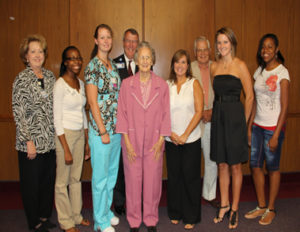 Mary Ella Ruff Nursing Scholarship presentation, from left: Connie Conner, Senior VP and Chief Nursing Officer; scholarship winner Adero Thomas of Greenwood; scholarship winner Kasey Holley of Ninety Six; Jim Pfeiffer, President and CEO; Ms. Ruff; scholarship winner Tracy Gonce of Ninety Six; Dr. Travis Stevenson, retired surgeon and member of the scholarship committee; scholarship winner Maci Kelley of Saluda; and scholarship winner Whitney Pough of Saluda.