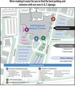 Beginning September 1, 2016, parking and facility entrance at Self Regional Healthcare will be simplified with A, B, C signage. Click image to view larger.