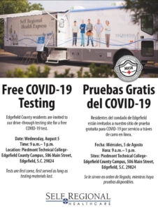 Free COVID-19 Testing for Edgefield County, SC, August 5, 2020 at PTC Edgefield County Campus