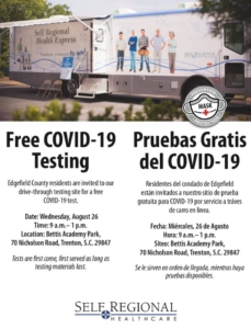 Free COVID-19 Testing for Edgefield County, SC, August 26, 2020 at Bettis Academy Park in Trenton