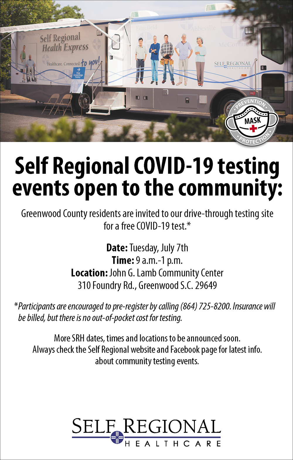 Clinton and Saluda COVID-19 Testing Dates - Self Regional Healthcare