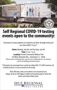 Self Regional COVID-19 community testing July 6 and 9, 303 W. Alexander Avenue Greenwood