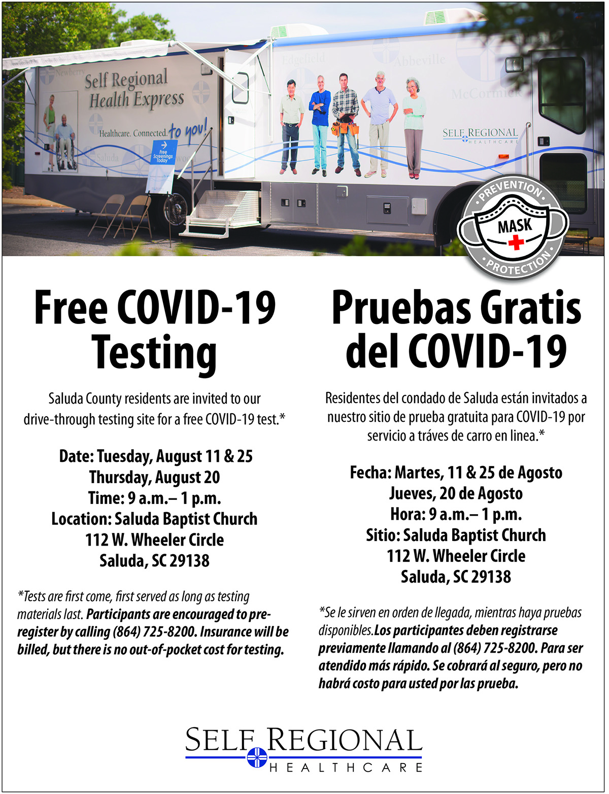 Clinton and Saluda COVID-19 Testing Dates - Self Regional Healthcare