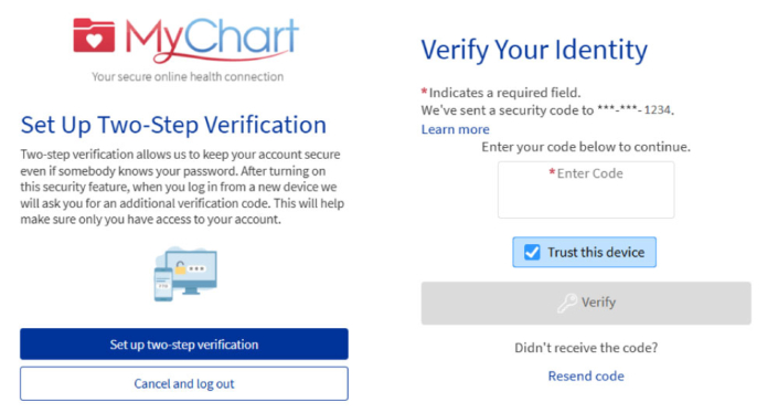 MyChart Two-Step Verification - Self Regional Healthcare Greenwood, SC