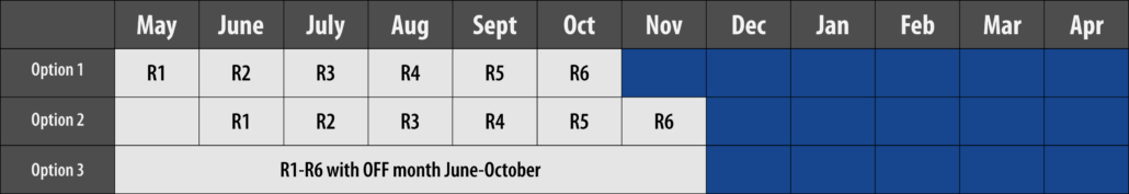 Treatment schedule comparison table with three dosing options
