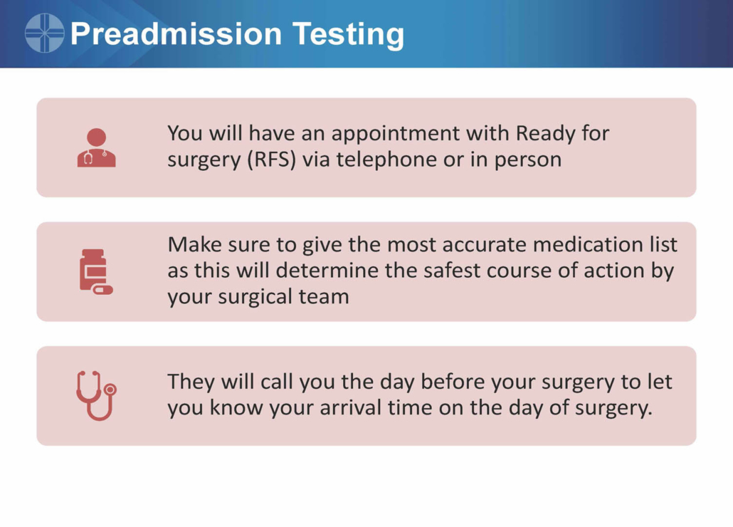 Preadmission Testing: schedule RFS appointment, provide medication list, confirm arrival time