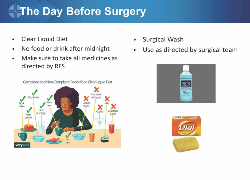 Pre-surgery preparation guide: clear liquid diet, fasting, surgical wash products
