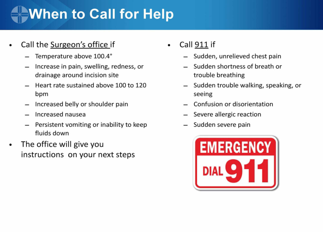 Infographic: Post-surgical care guidance—when to contact surgeon vs. 911