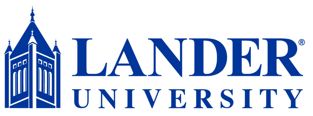 Lander University logo with blue chapel building icon and text