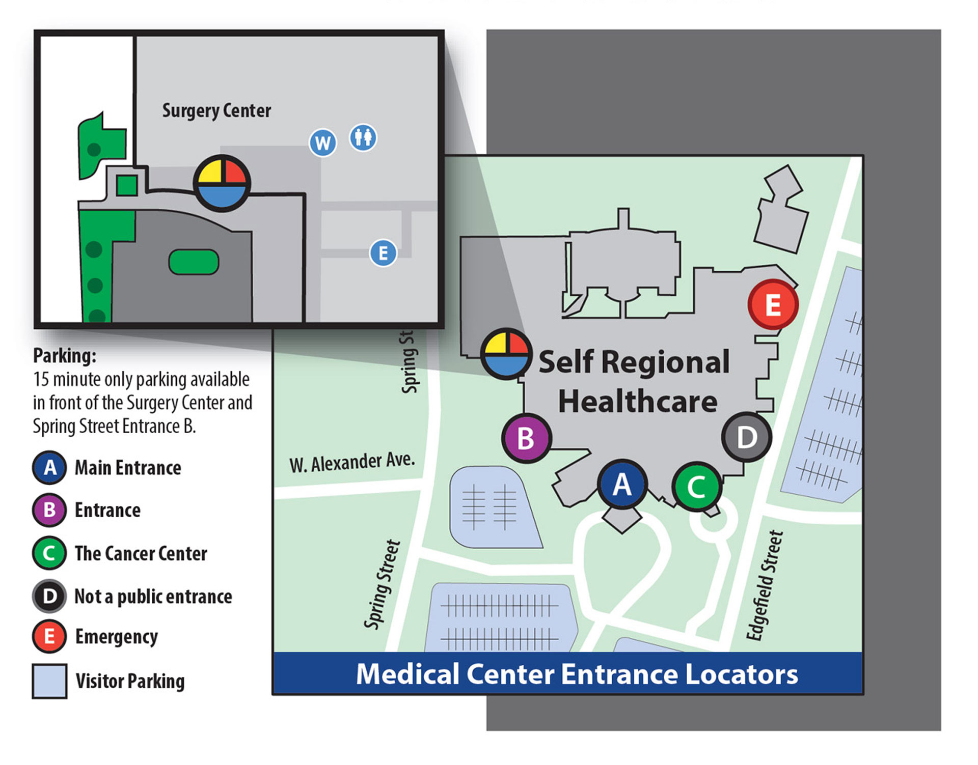 Medical center map showing Surgery Center and Self Regional Healthcare