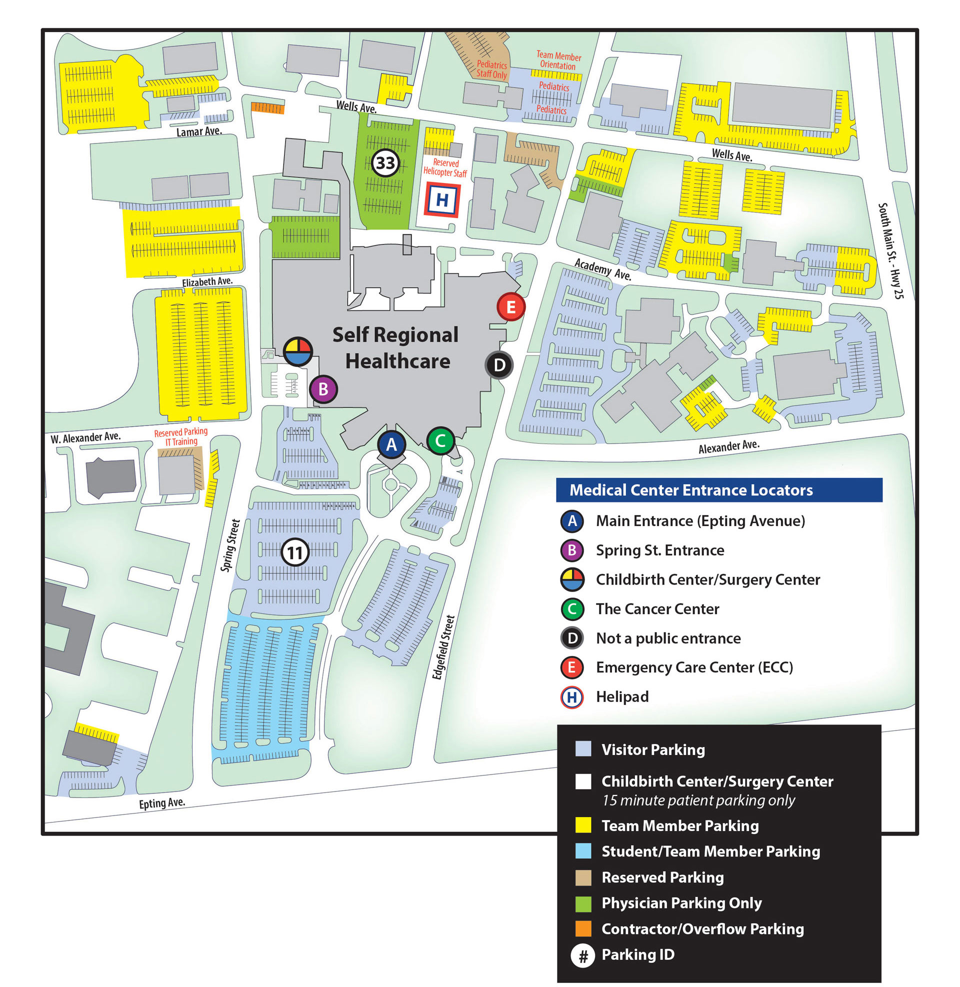 Self Regional Healthcare medical center parking and entrance map